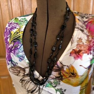 Vtg Black Faceted Flapper Length Necklace